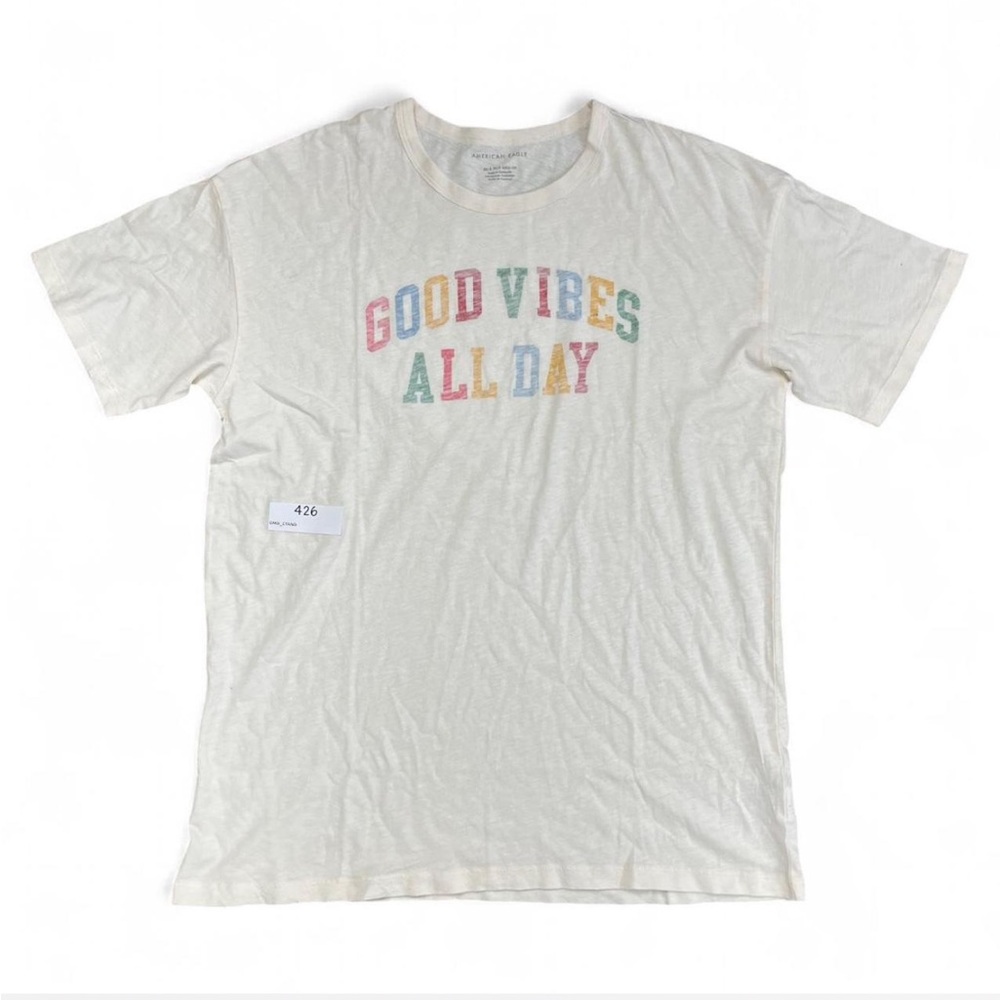 American Eagle Cream Oversized Tee with Colorful Lettering